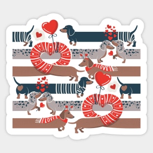 Dachshunds long love // neon red hearts scarves sweaters and other Valentine's Day details brown nile blue and dark grey spotted funny doxies dog puppies Sticker